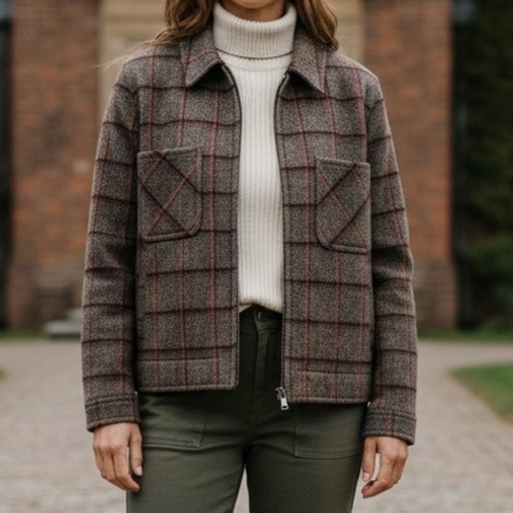 Carlisle Collection Tweed Plaid Zip Jacket 14 Brown Pink Wool Blend Shacket